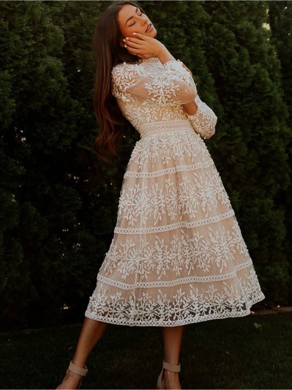 Ivy City Co Cream Lace Midi Dress with White Floral Embroidery
